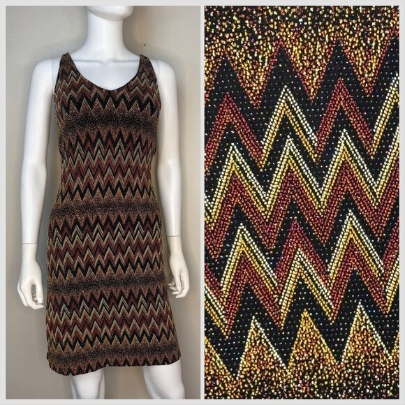 Vintage 1990s/Y2K Party Dress, Brown and Black Sparkle Zig Zag, Sassy Size Small - Picture 1 of 7